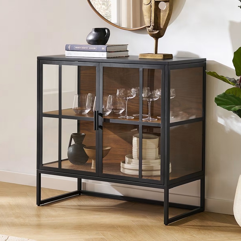 Compact Glass Door Storage Cabinet with Black Metal Frame