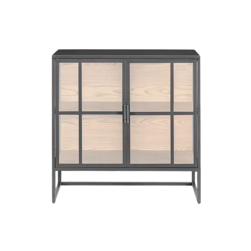 Compact Glass Door Storage Cabinet with Black Metal Frame