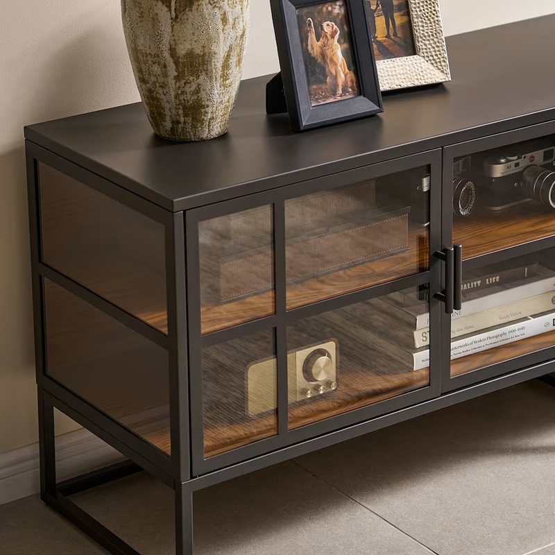Industrial Glass Door TV Stand with Metal Frame