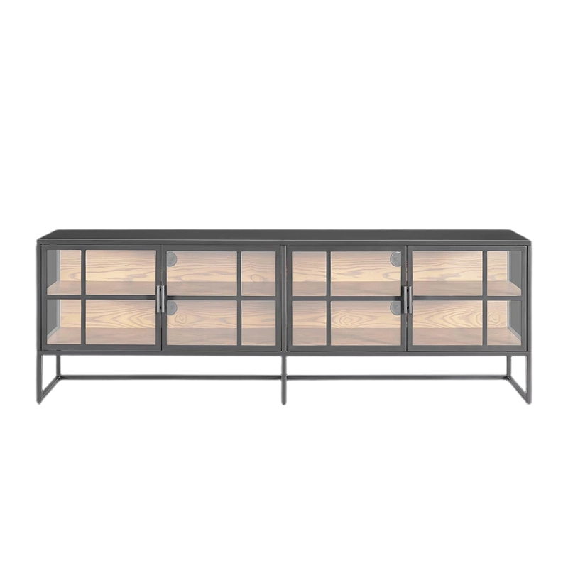 Industrial Glass Door TV Stand with Metal Frame