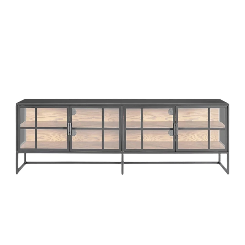 Industrial Glass Door TV Stand with Metal Frame