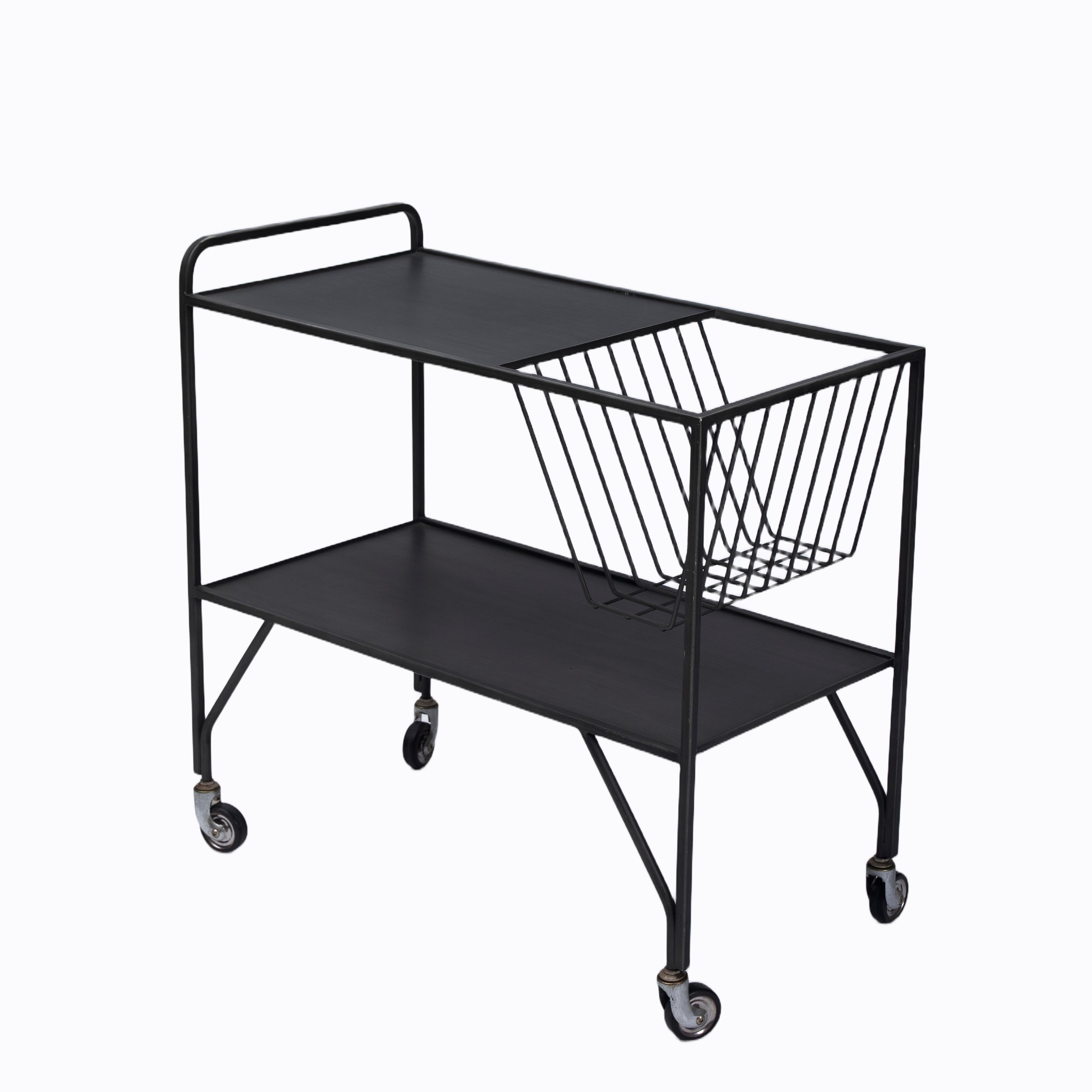 Black Metal 2-Tier Bar Cart with Side Basket