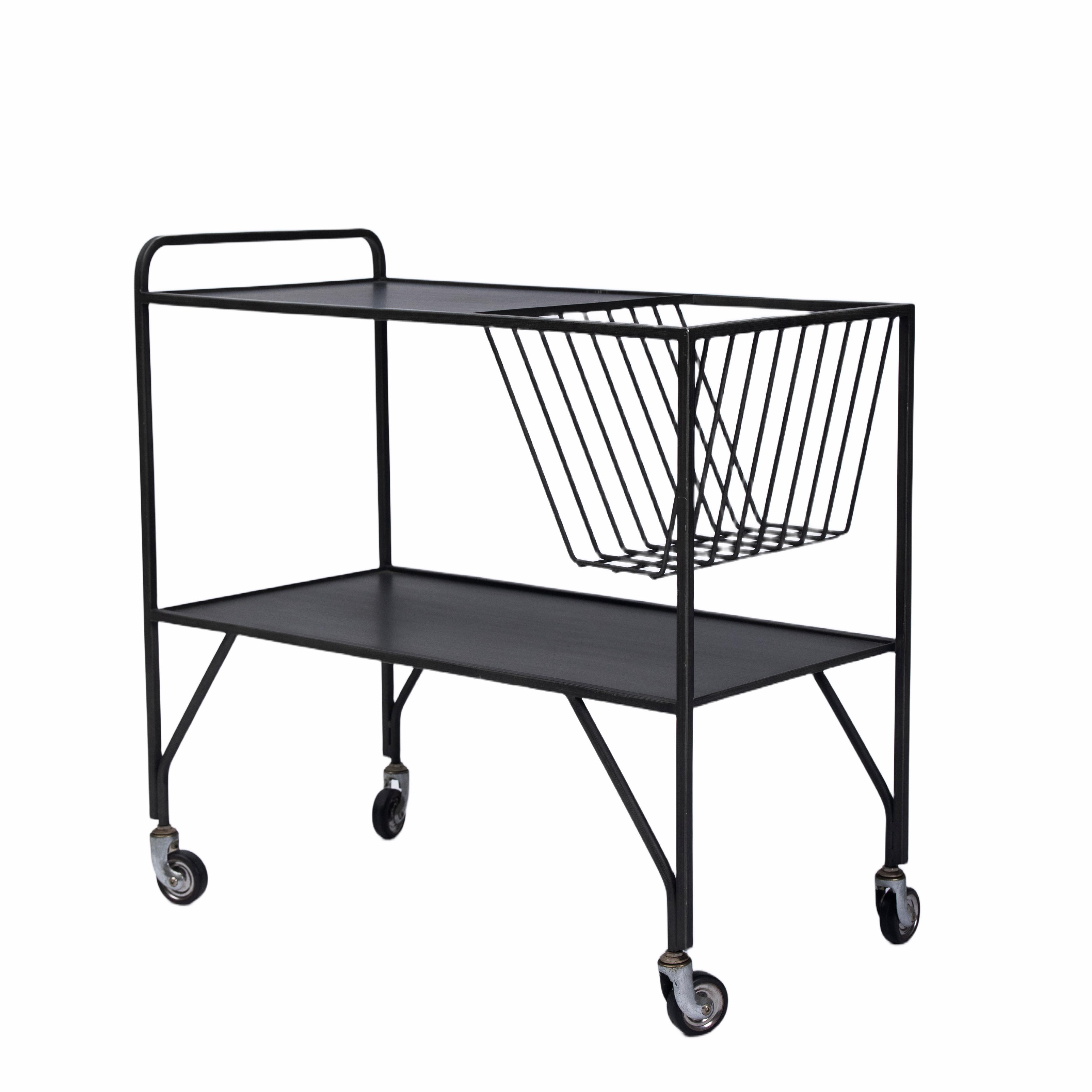 Black Metal 2-Tier Bar Cart with Side Basket