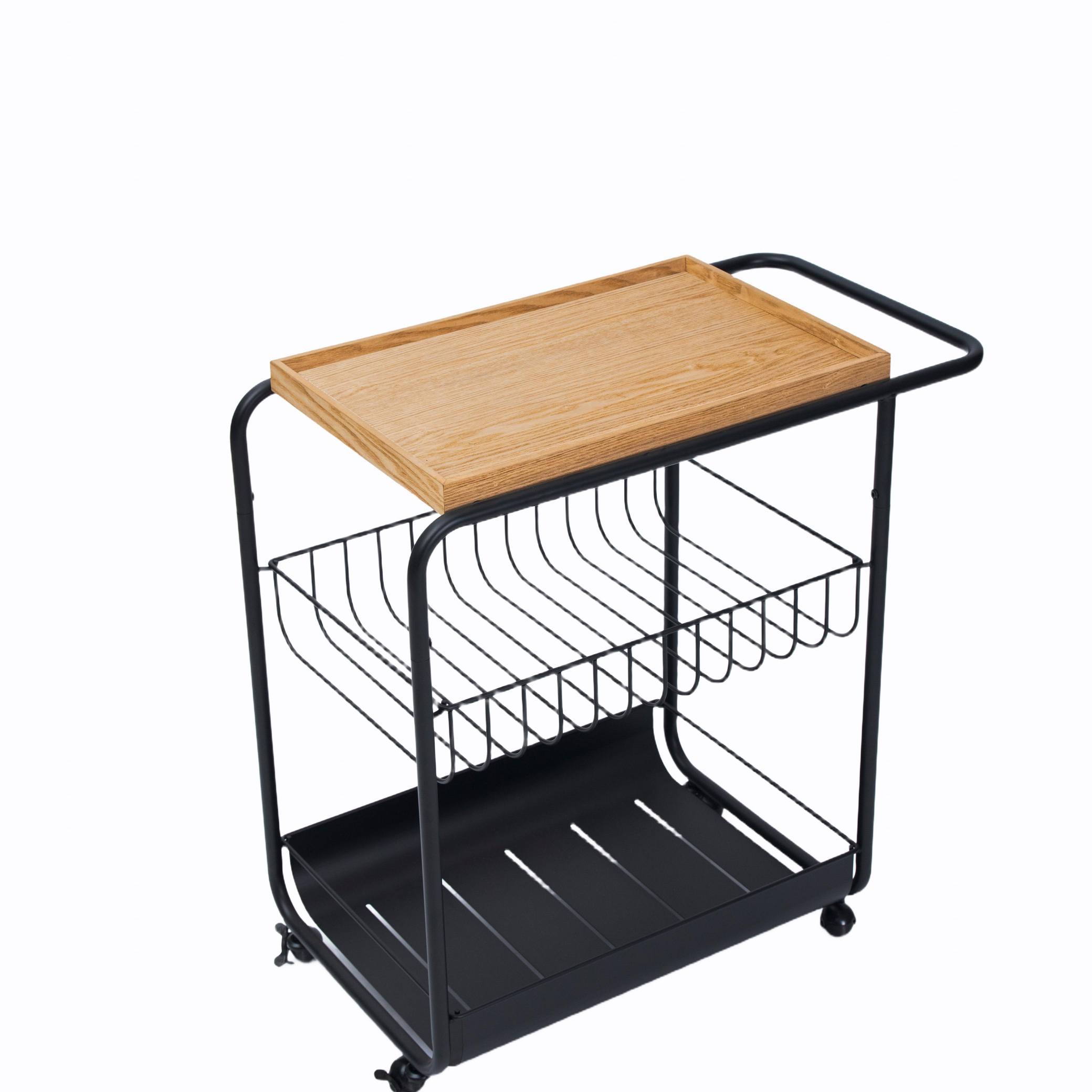 Wood-Top 3-Tier Rolling Bar Cart