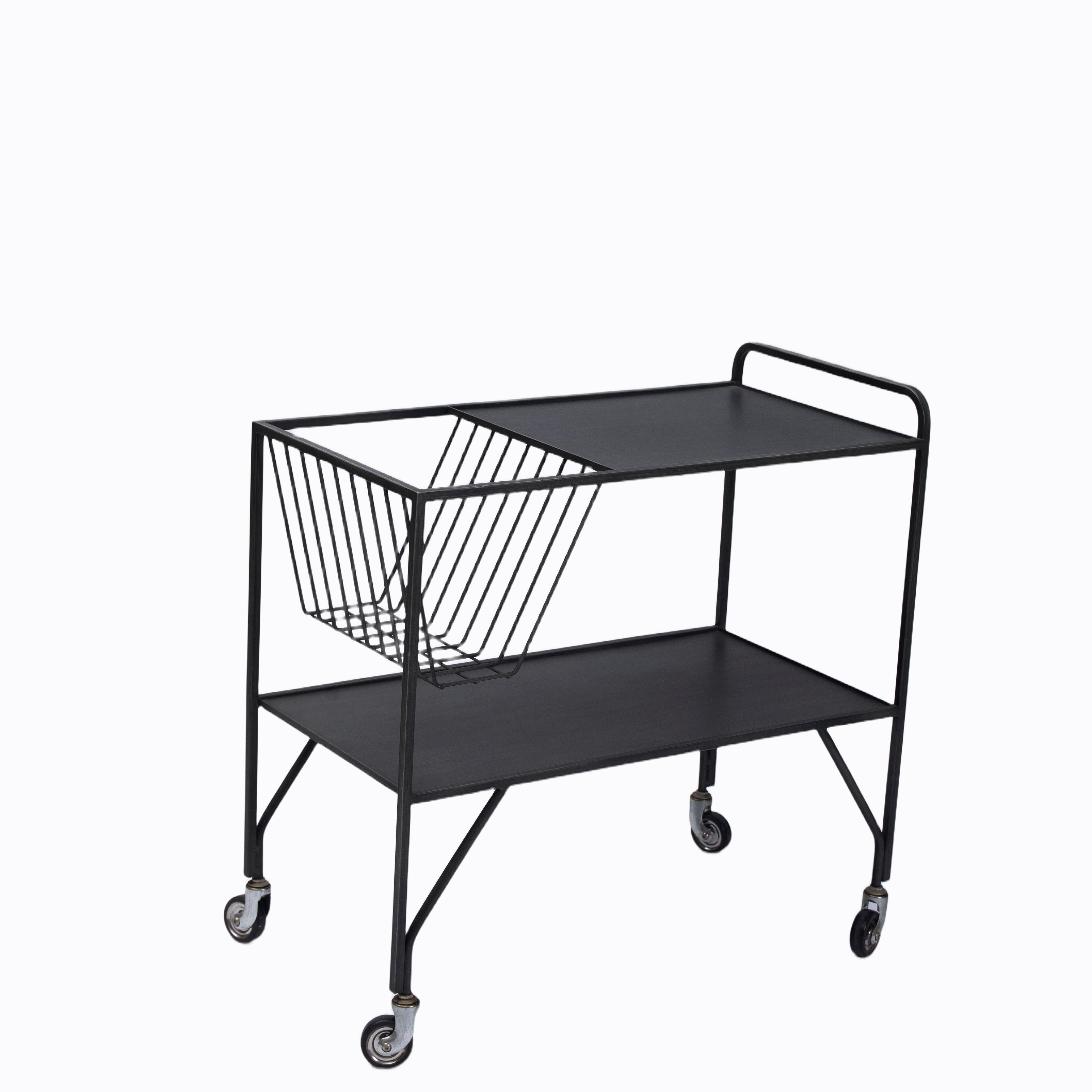 Black Metal 2-Tier Bar Cart with Side Basket